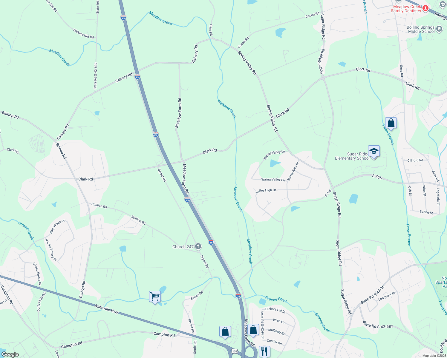 map of restaurants, bars, coffee shops, grocery stores, and more near 290 Triple H Farm Road in Inman