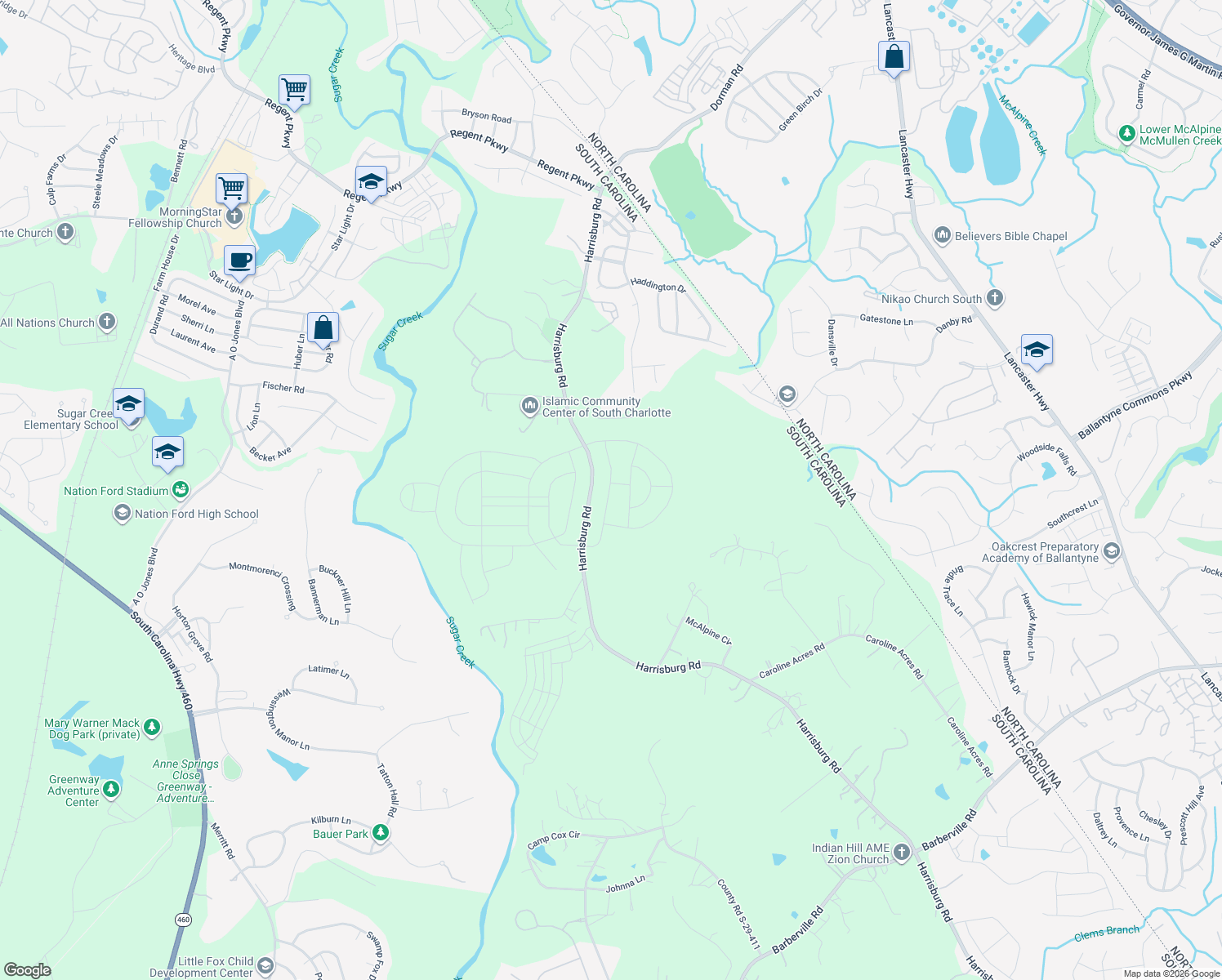 map of restaurants, bars, coffee shops, grocery stores, and more near 11656 Harrisburg Road in Fort Mill