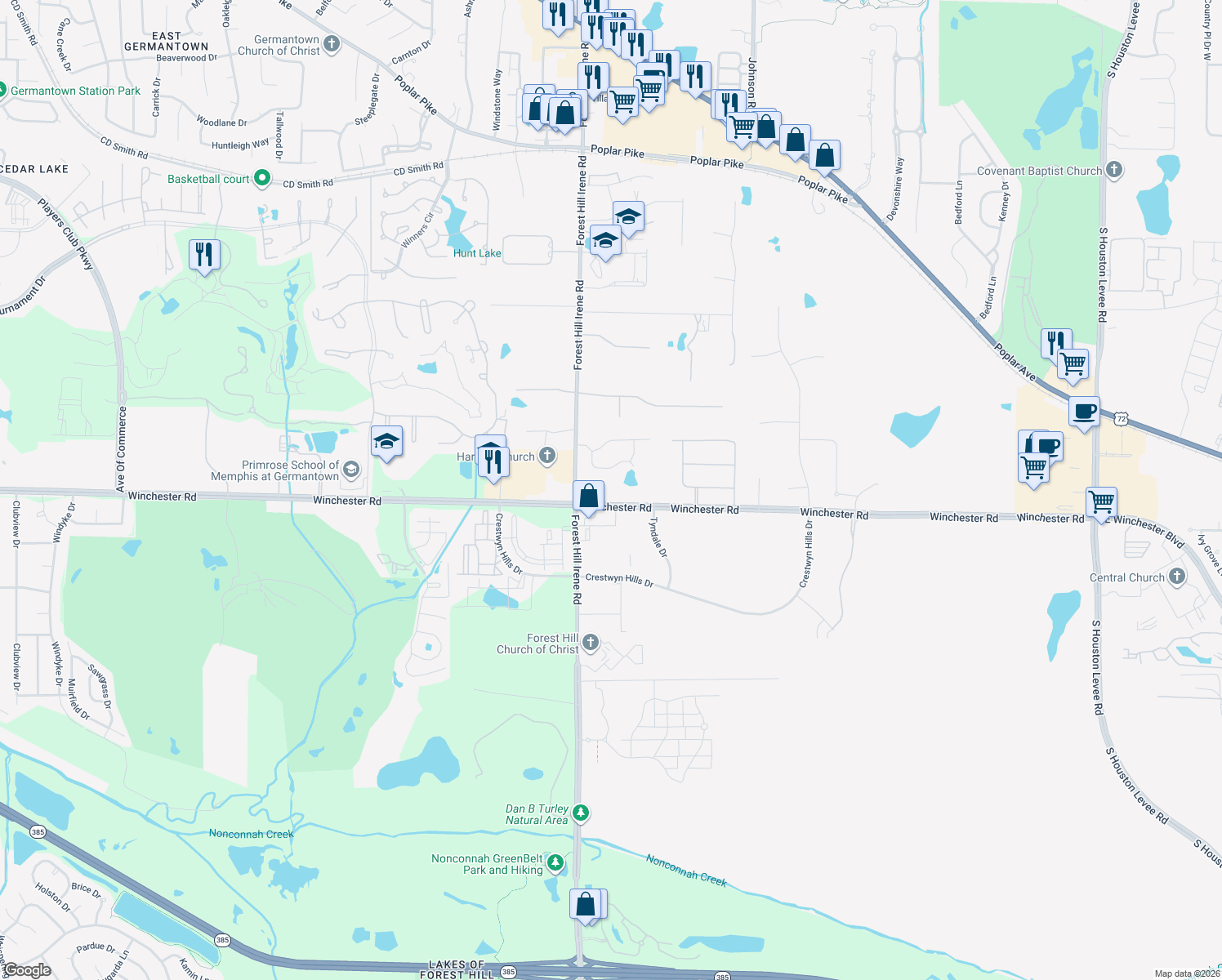 map of restaurants, bars, coffee shops, grocery stores, and more near 3676 Forest Hill Irene Road in Germantown