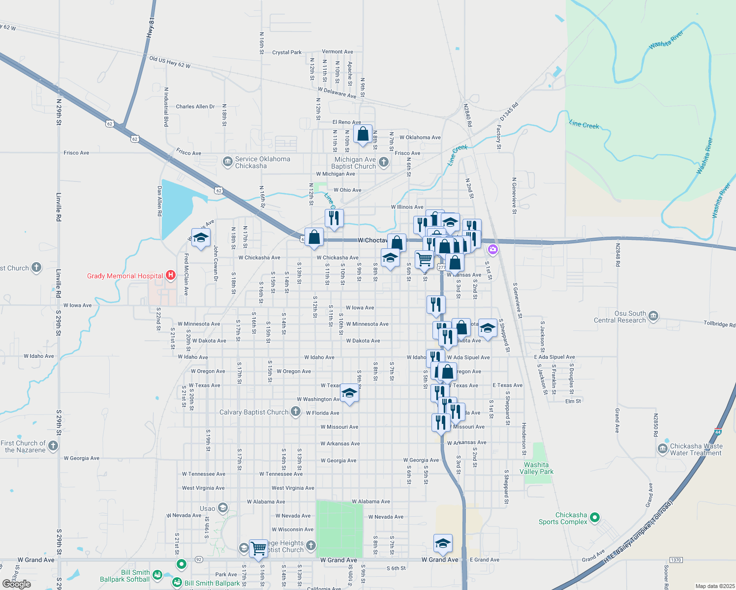 map of restaurants, bars, coffee shops, grocery stores, and more near 815 West Colorado Avenue in Chickasha