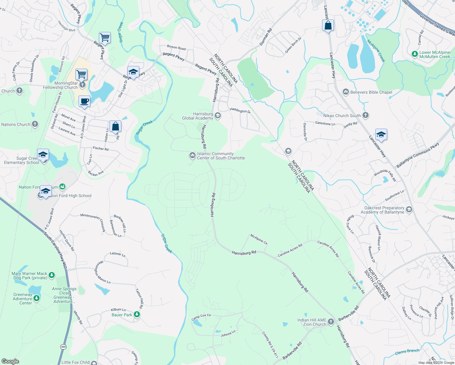 map of restaurants, bars, coffee shops, grocery stores, and more near 11632 Harrisburg Road in Fort Mill