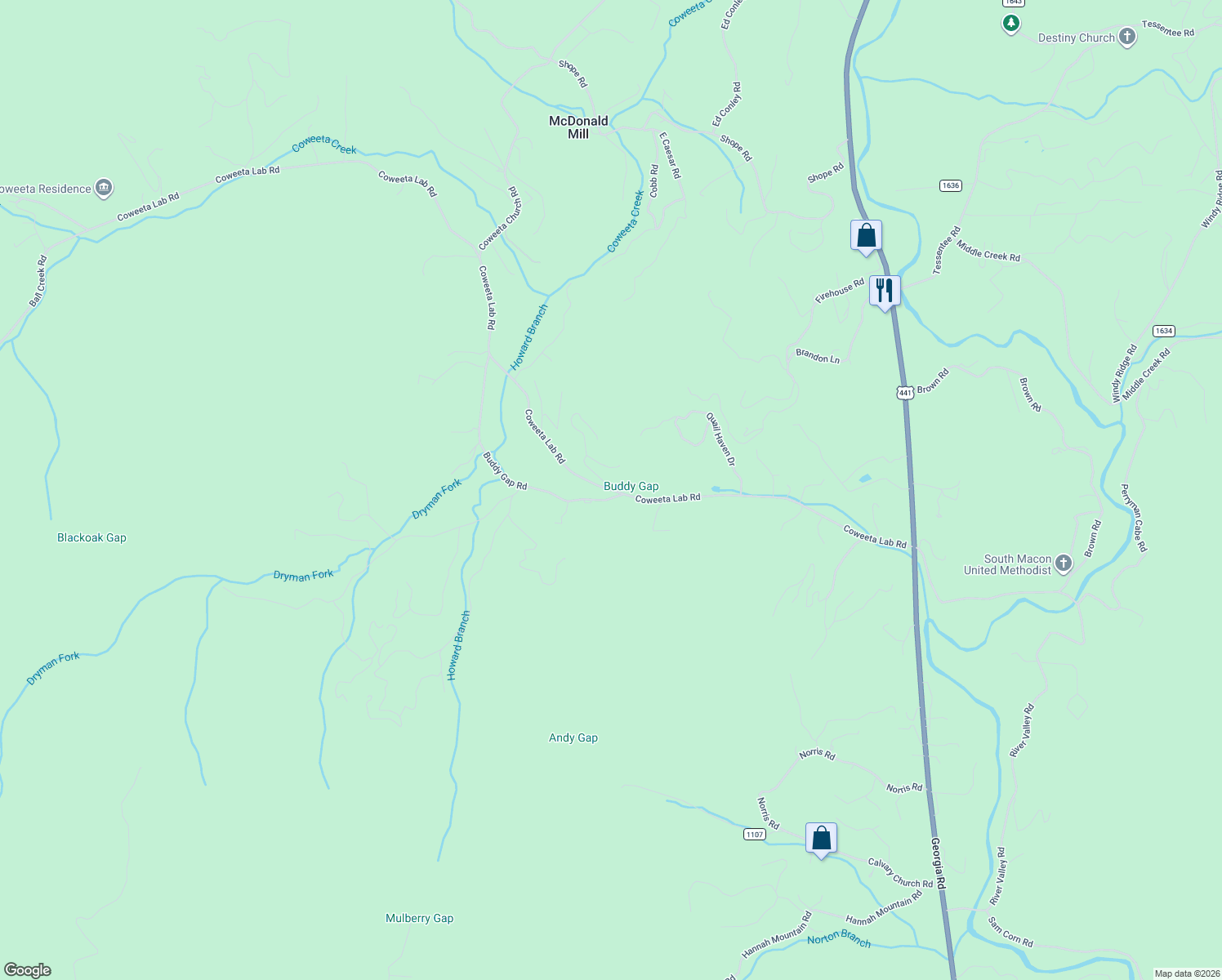 map of restaurants, bars, coffee shops, grocery stores, and more near 994 Coweeta Lab Road in Macon