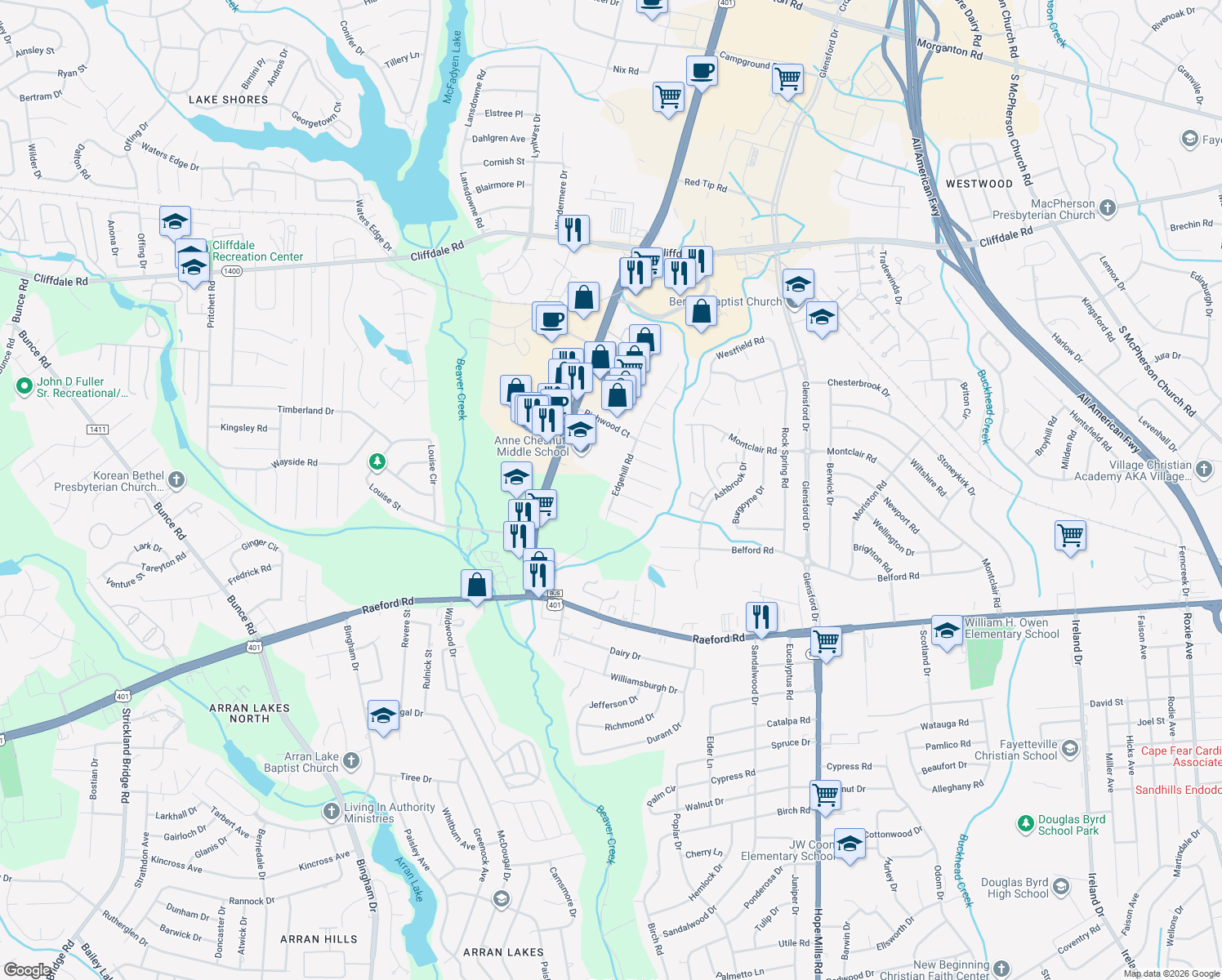 map of restaurants, bars, coffee shops, grocery stores, and more near 744 Edgehill Rd in Fayetteville
