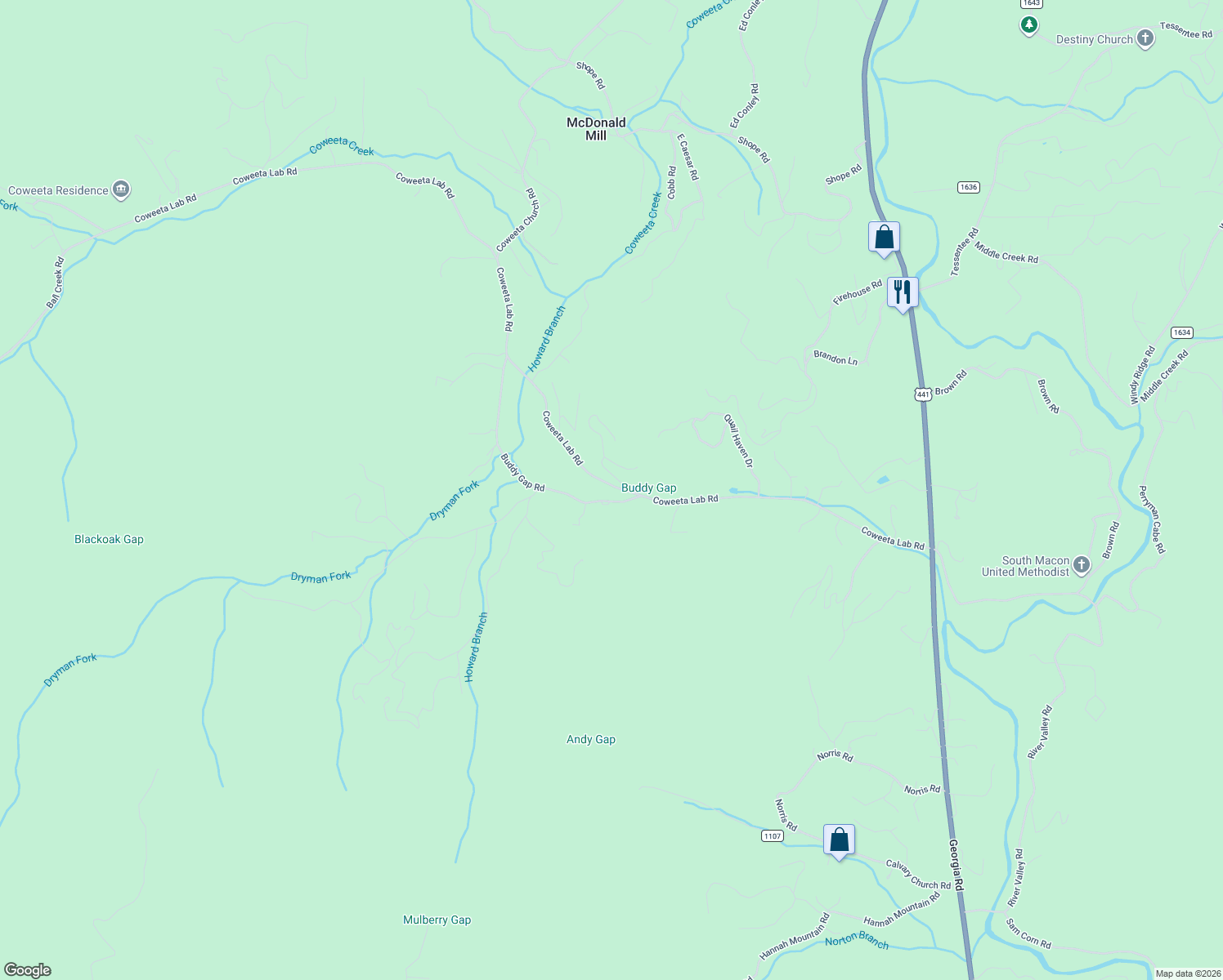 map of restaurants, bars, coffee shops, grocery stores, and more near 994 Coweeta Lab Road in Otto