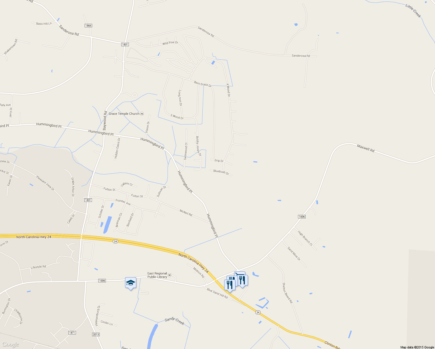 map of restaurants, bars, coffee shops, grocery stores, and more near 4412 Bluebush Drive in Fayetteville