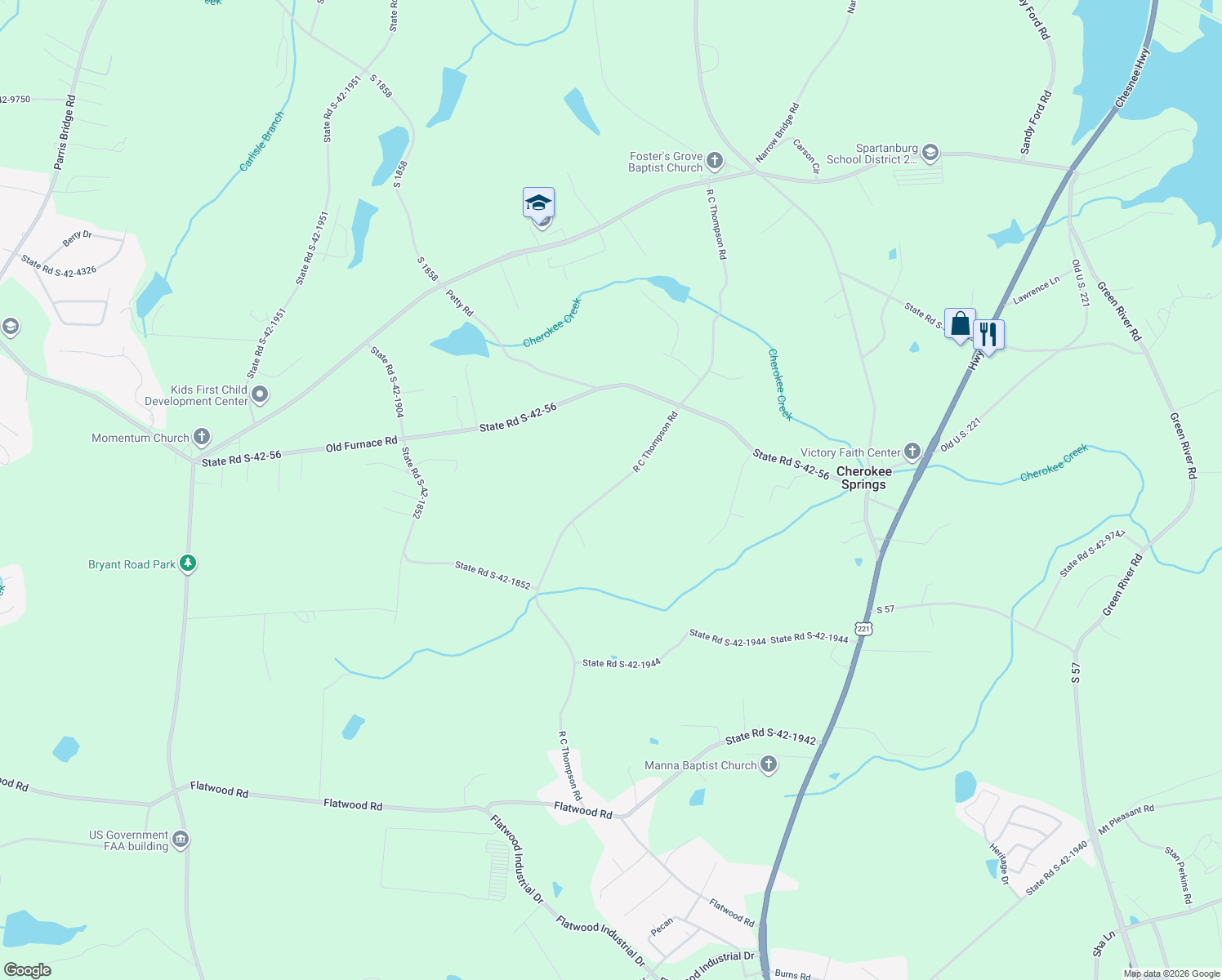 map of restaurants, bars, coffee shops, grocery stores, and more near R C Thompson Road in Chesnee
