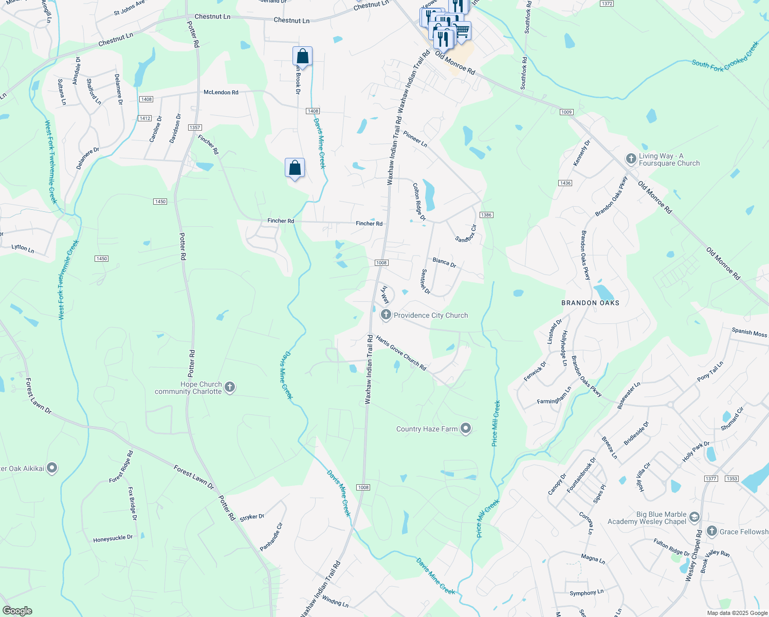 map of restaurants, bars, coffee shops, grocery stores, and more near 3001 Arbor Hills Drive in Indian Trail
