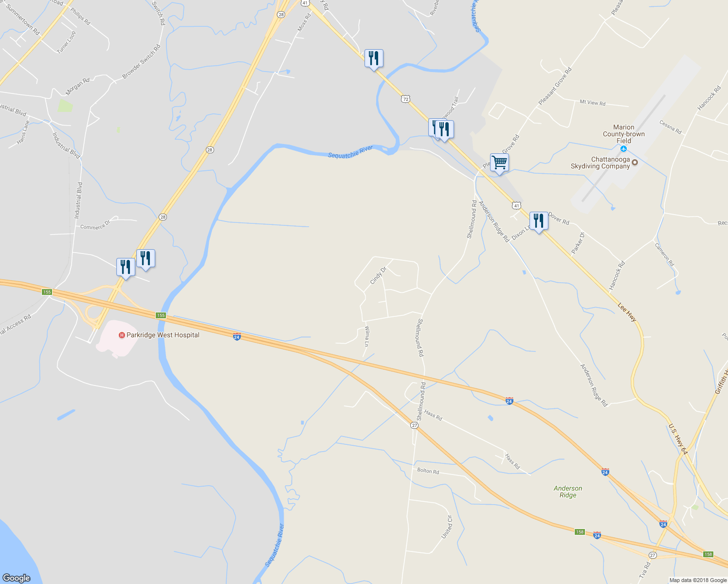 map of restaurants, bars, coffee shops, grocery stores, and more near 290 Cindy Drive in Jasper