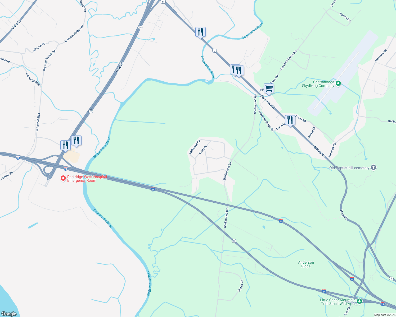 map of restaurants, bars, coffee shops, grocery stores, and more near 290 Cindy Drive in Jasper