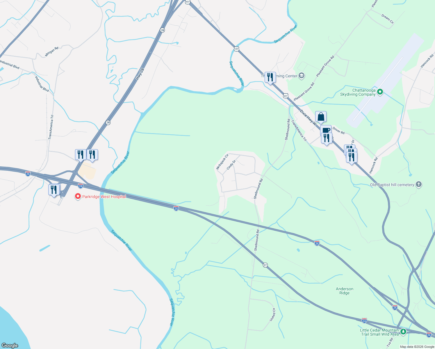 map of restaurants, bars, coffee shops, grocery stores, and more near 714 Nickajack Circle in Jasper
