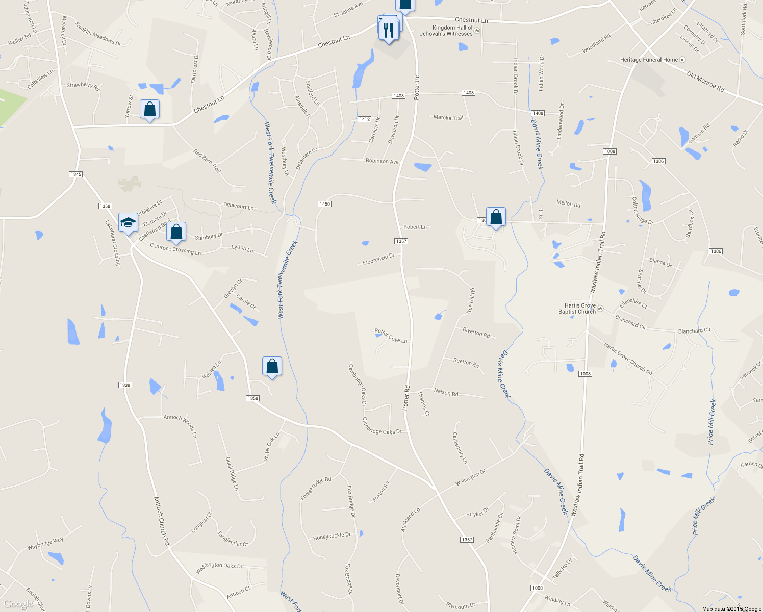 map of restaurants, bars, coffee shops, grocery stores, and more near 6720 Potters Rd in Matthews