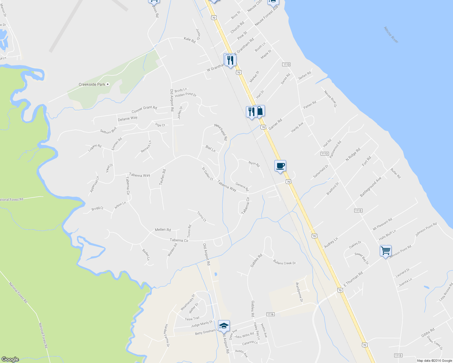 map of restaurants, bars, coffee shops, grocery stores, and more near 115 Geneva Road in New Bern