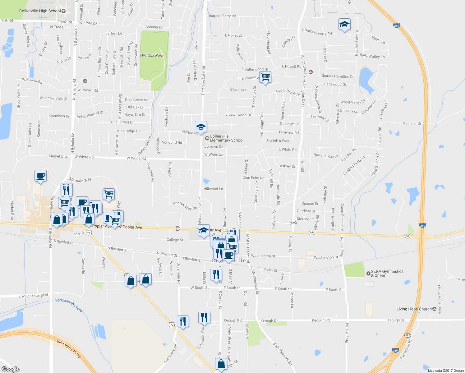 map of restaurants, bars, coffee shops, grocery stores, and more near 374 Burrows Road in Collierville