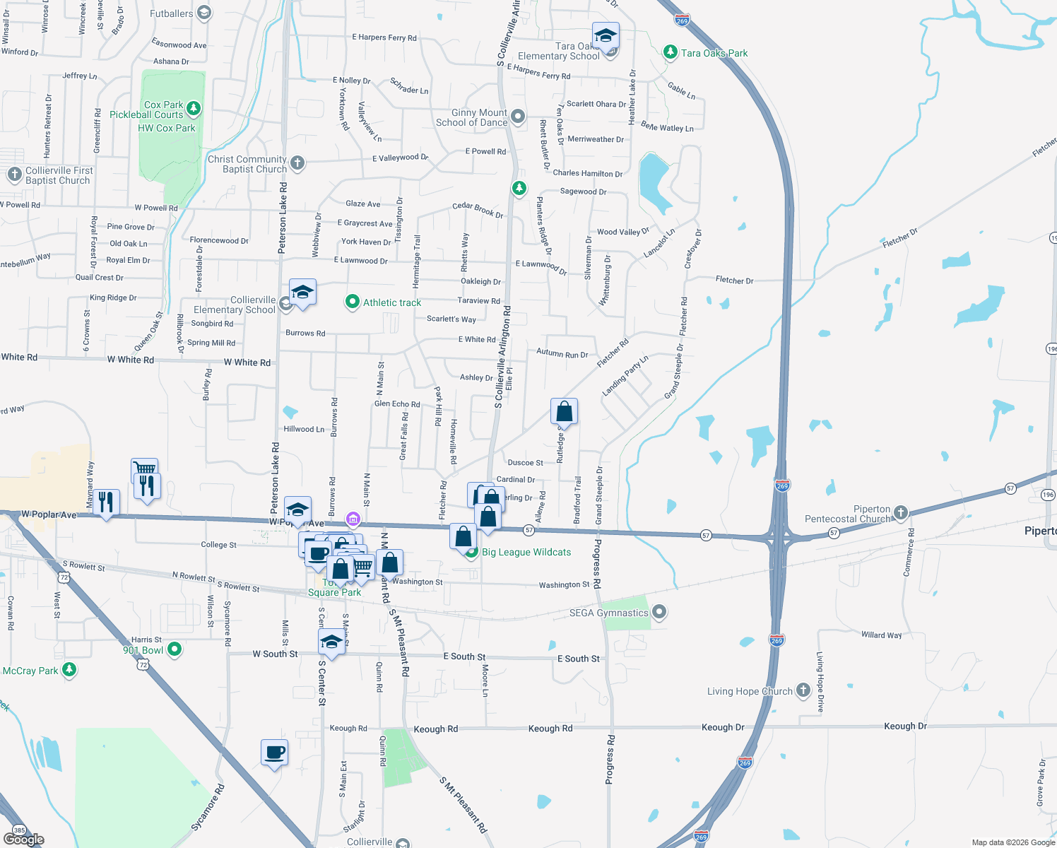 map of restaurants, bars, coffee shops, grocery stores, and more near 388 Collierville Arlington Road in Collierville