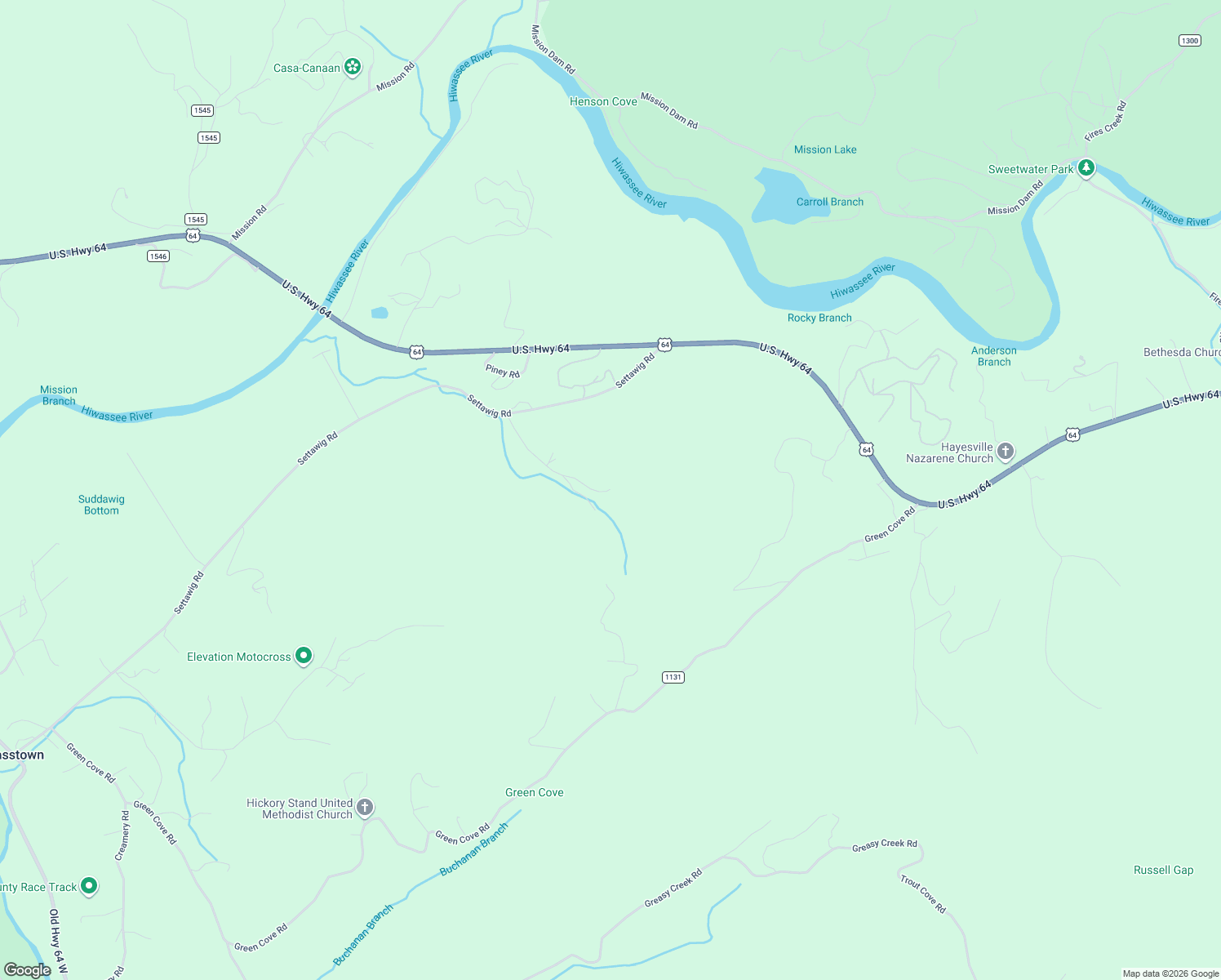 map of restaurants, bars, coffee shops, grocery stores, and more near 396 Myers Road in Brasstown