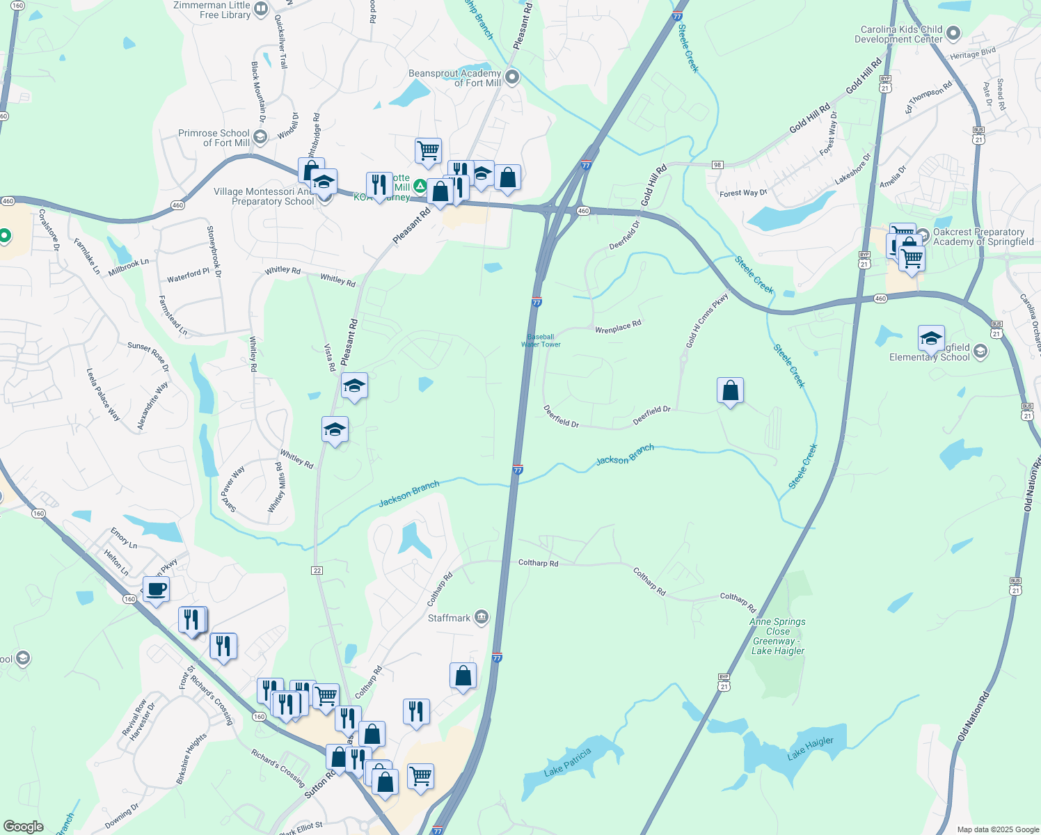 map of restaurants, bars, coffee shops, grocery stores, and more near Interstate 77 in Fort Mill