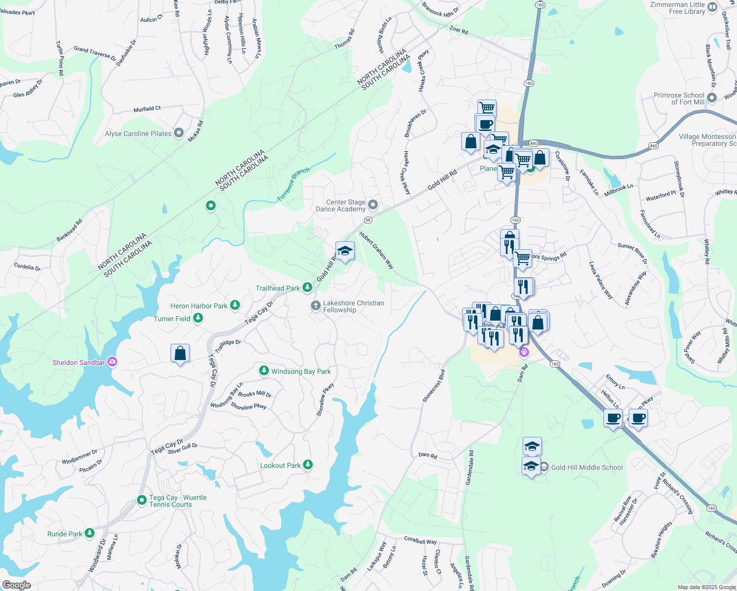 map of restaurants, bars, coffee shops, grocery stores, and more near 1318 Mallard Ridge Drive in Fort Mill