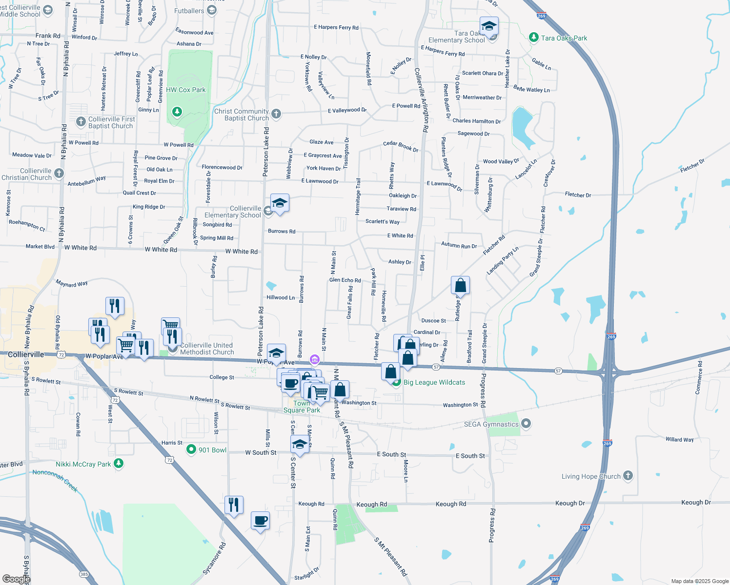 map of restaurants, bars, coffee shops, grocery stores, and more near 386 Cascade Falls Road in Collierville
