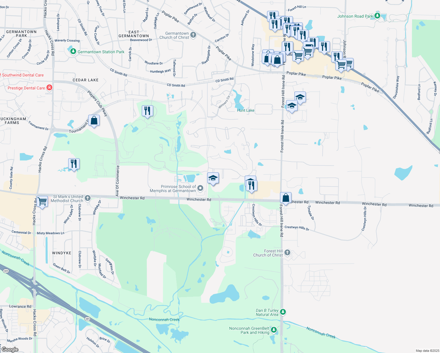 map of restaurants, bars, coffee shops, grocery stores, and more near 3597 Fairwood Cove in Memphis