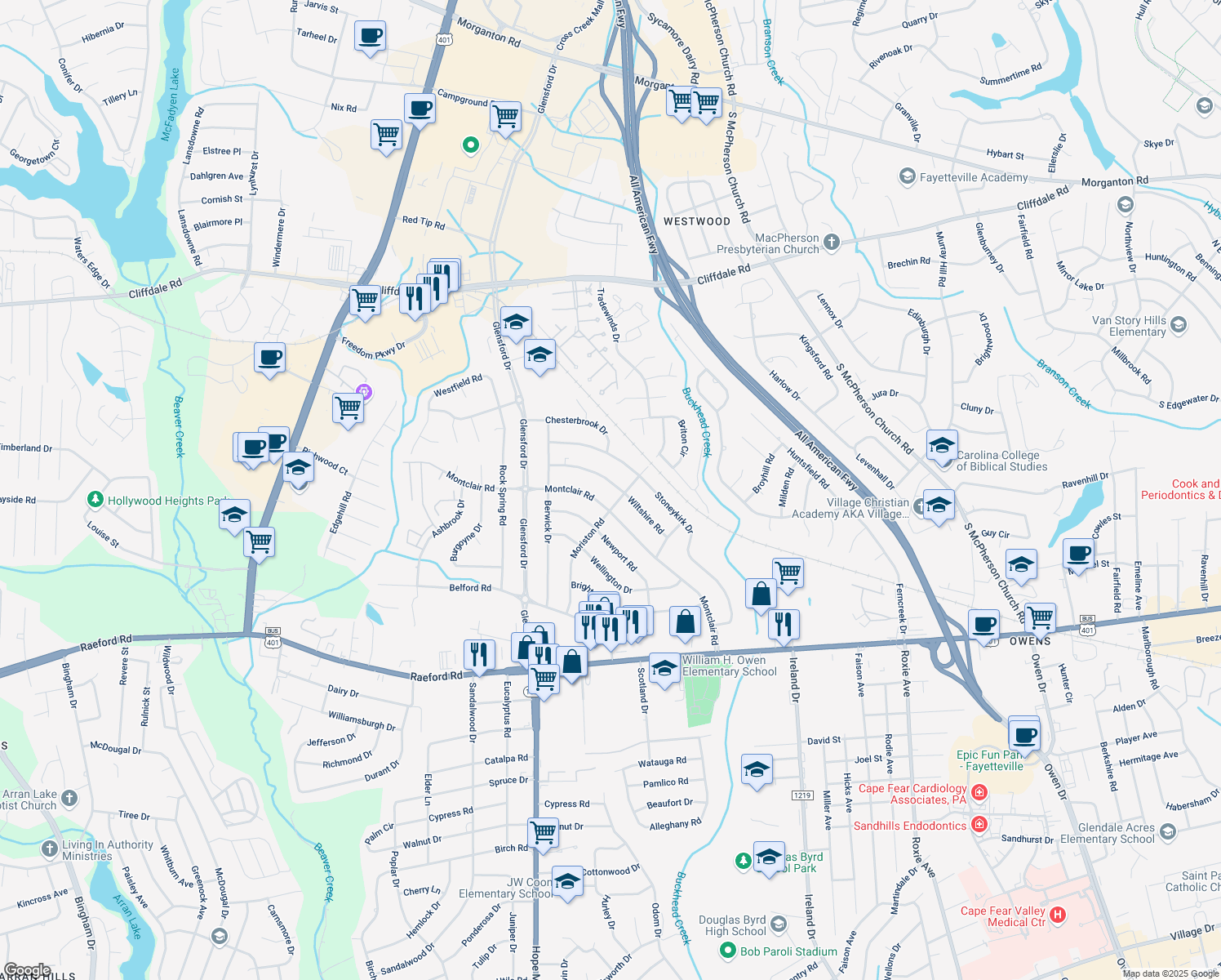 map of restaurants, bars, coffee shops, grocery stores, and more near 694 Wiltshire Rd in Fayetteville