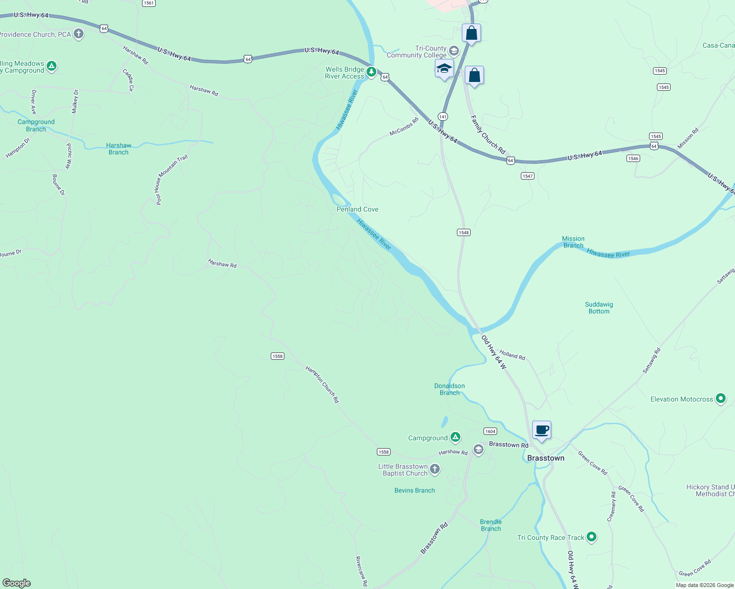 map of restaurants, bars, coffee shops, grocery stores, and more near Beaver Ridge Road in Murphy