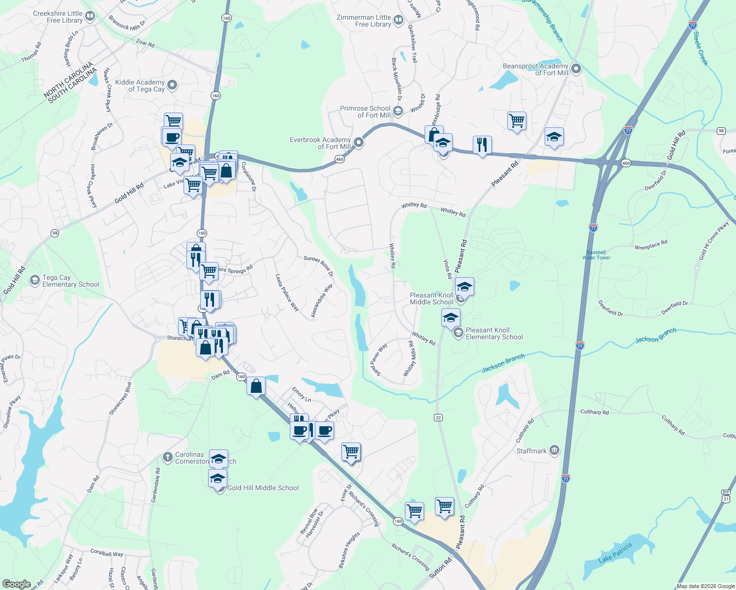 map of restaurants, bars, coffee shops, grocery stores, and more near 2365 Whitley Road in Fort Mill