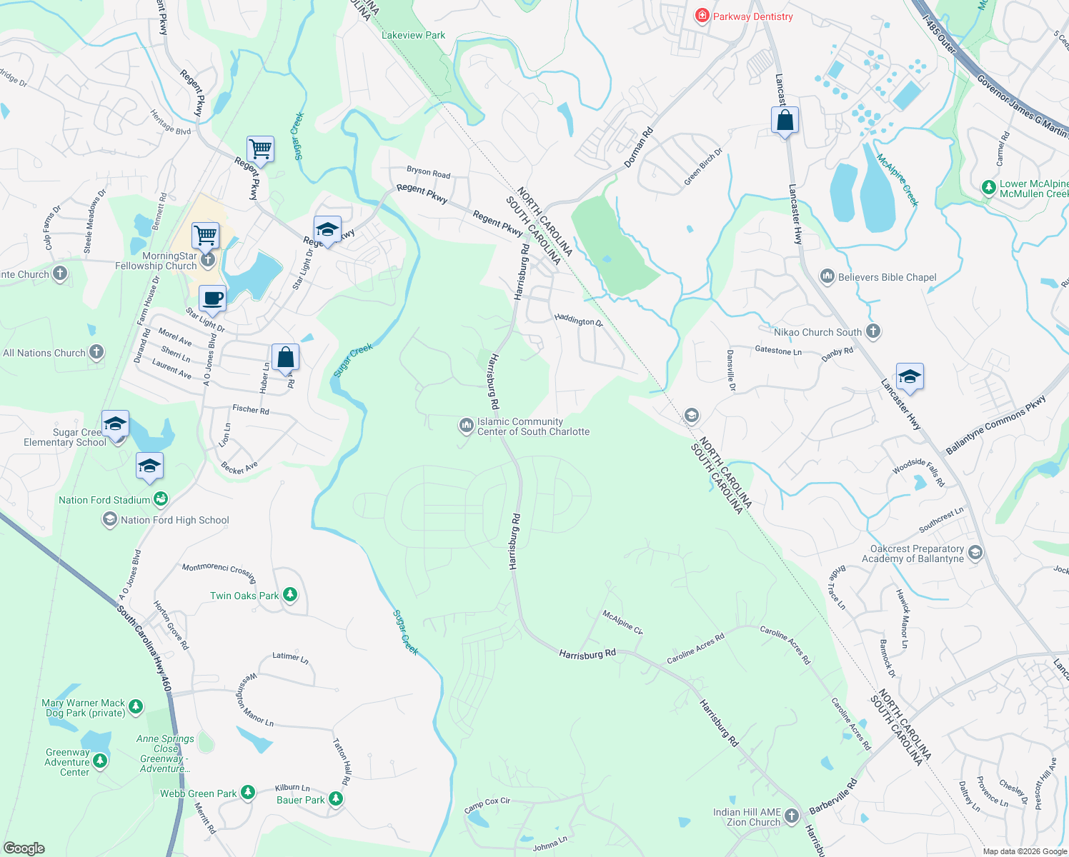 map of restaurants, bars, coffee shops, grocery stores, and more near 11632 Harrisburg Road in Fort Mill