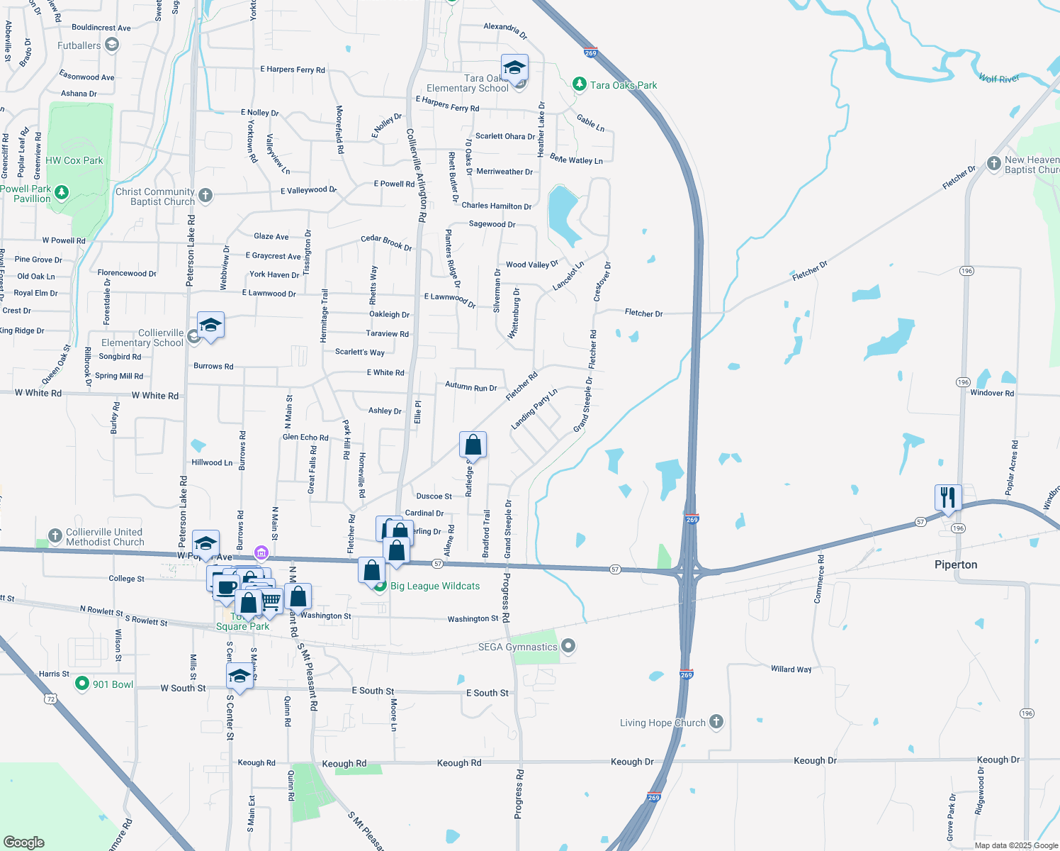 map of restaurants, bars, coffee shops, grocery stores, and more near 440 Morning Mac Dr in Collierville