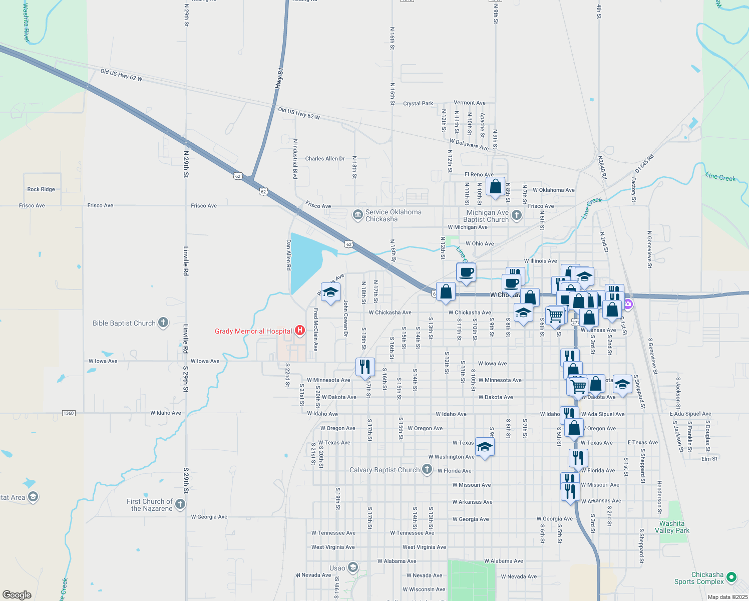 map of restaurants, bars, coffee shops, grocery stores, and more near 117 N 17th St in Chickasha