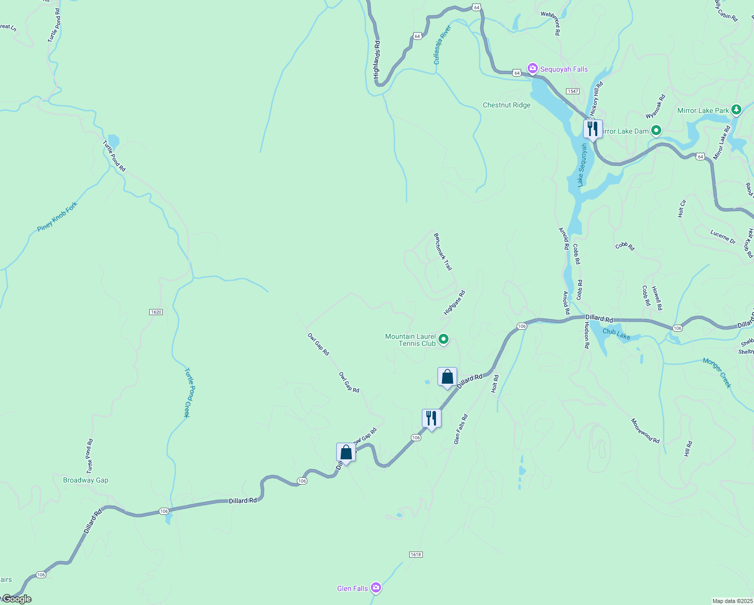 map of restaurants, bars, coffee shops, grocery stores, and more near Falling Water Road in Macon County