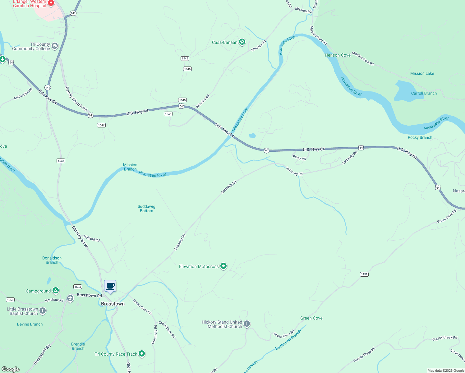 map of restaurants, bars, coffee shops, grocery stores, and more near 1326 Settawig Road in Brasstown
