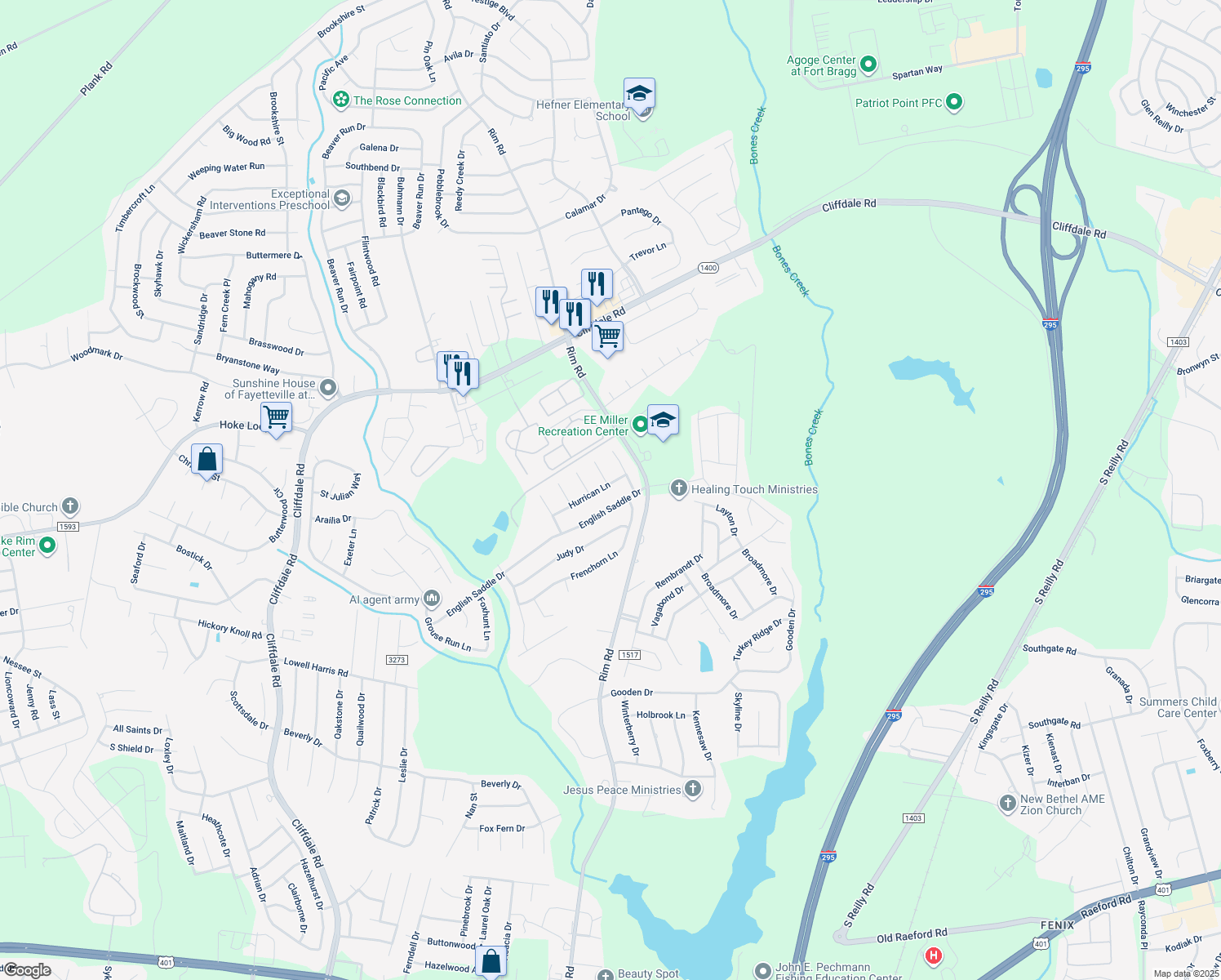 map of restaurants, bars, coffee shops, grocery stores, and more near 8217 Hurrican Lane in Fayetteville