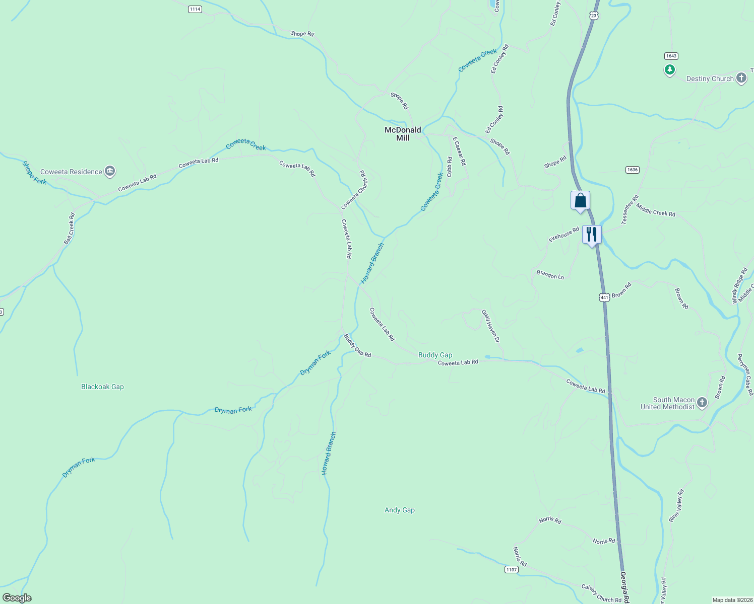 map of restaurants, bars, coffee shops, grocery stores, and more near 1361 Coweeta Lab Road in Macon