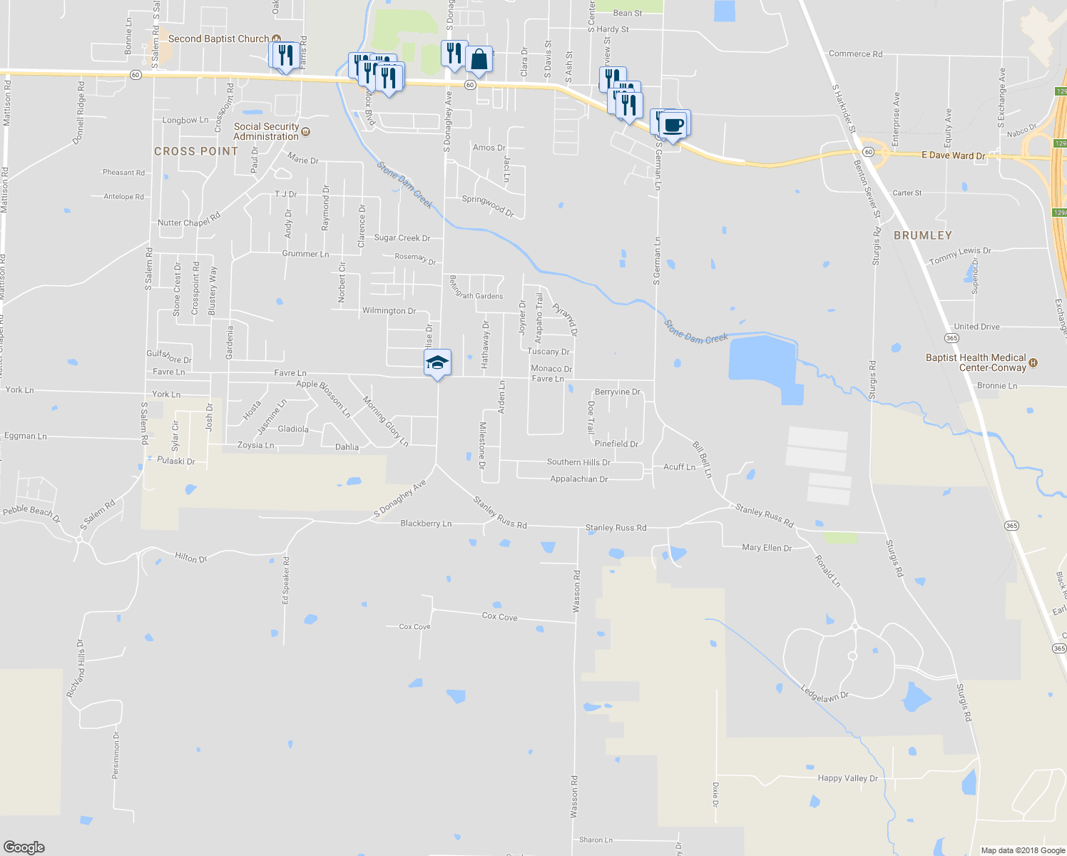 map of restaurants, bars, coffee shops, grocery stores, and more near 1614 Greenwood Circle in Conway
