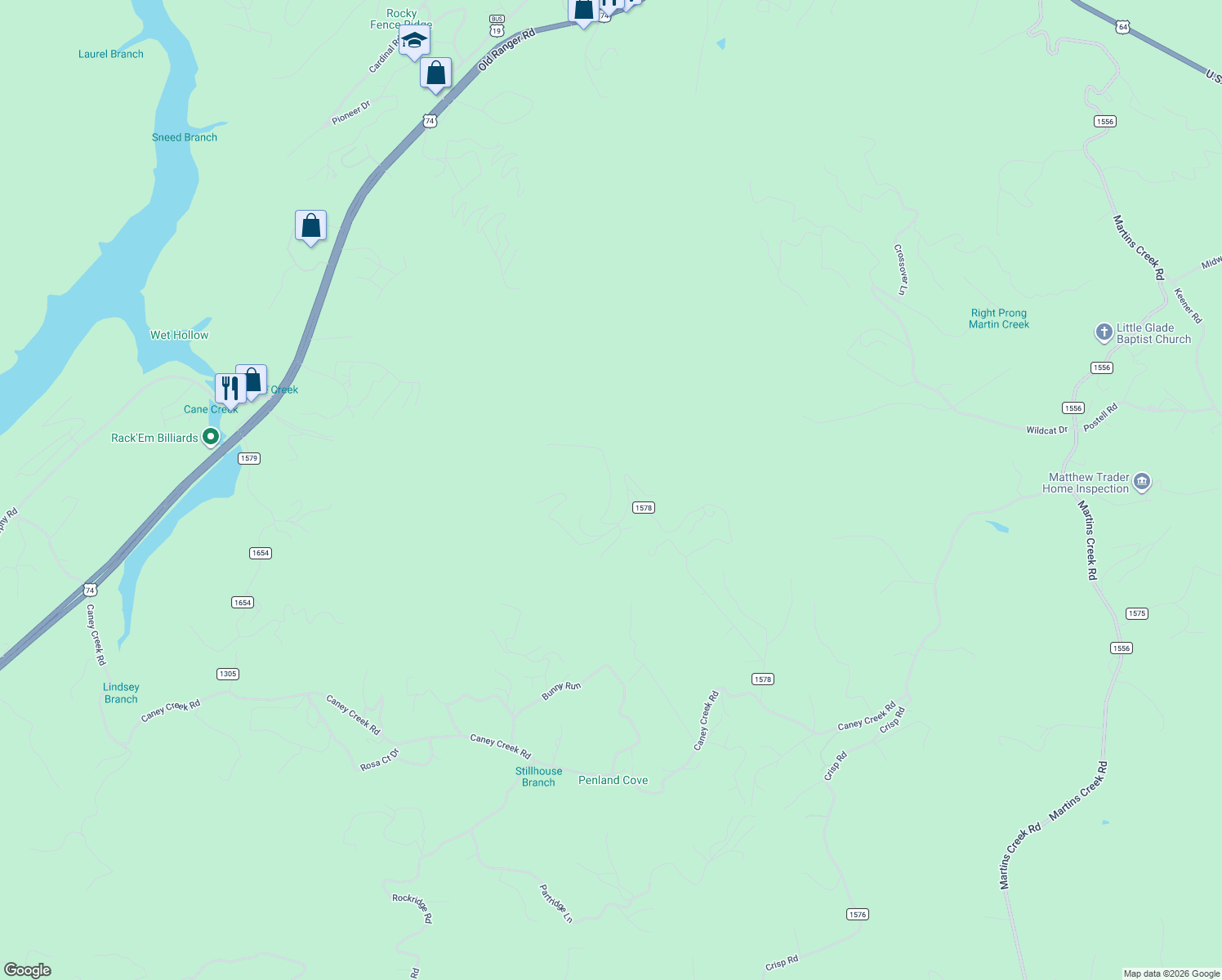 map of restaurants, bars, coffee shops, grocery stores, and more near 17 American Eagle Road in Murphy