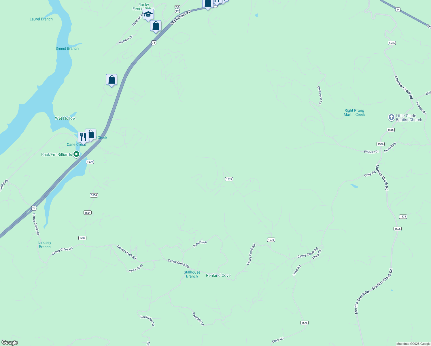 map of restaurants, bars, coffee shops, grocery stores, and more near 17 American Eagle Road in Murphy