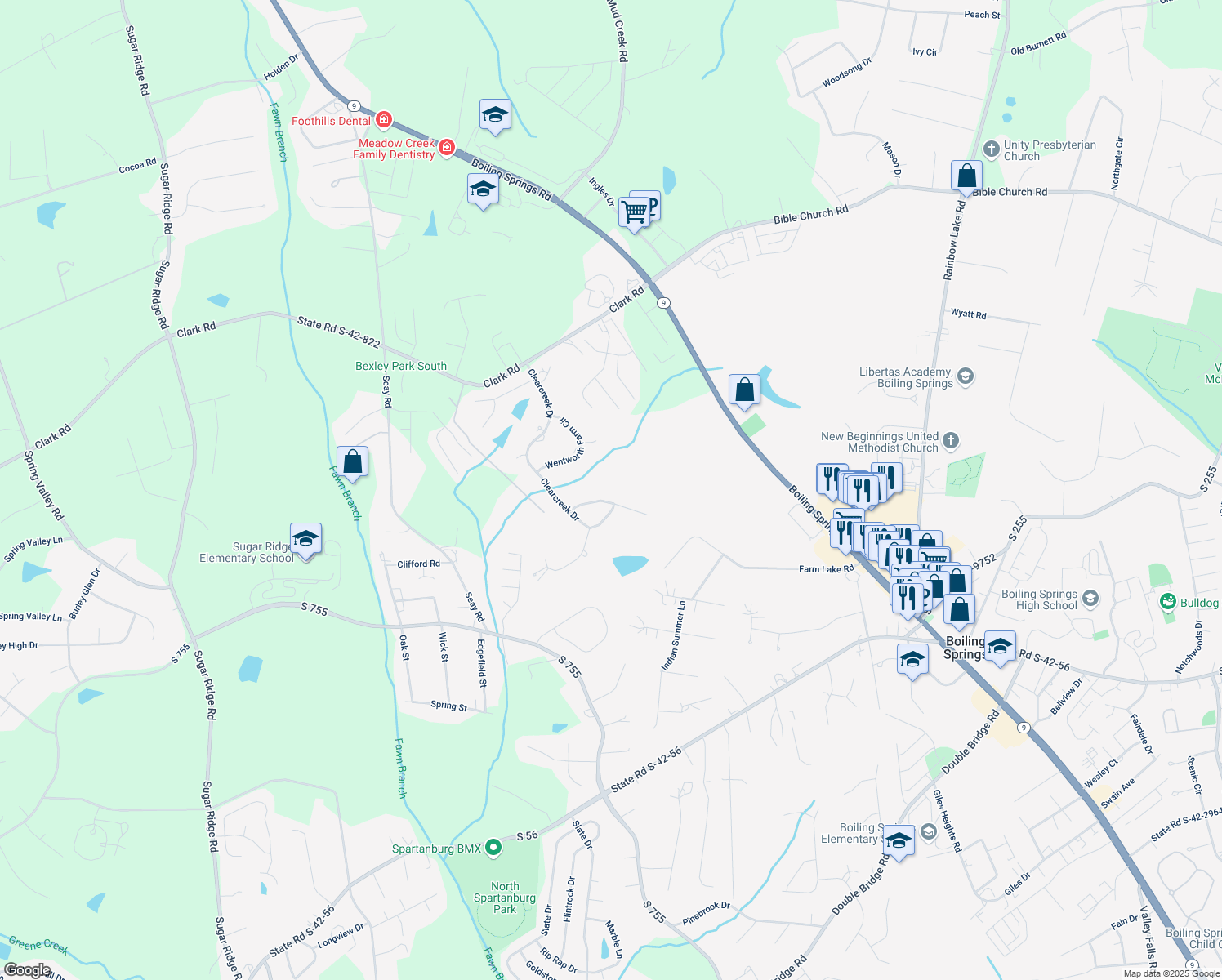 map of restaurants, bars, coffee shops, grocery stores, and more near 335 Benford Drive in Boiling Springs