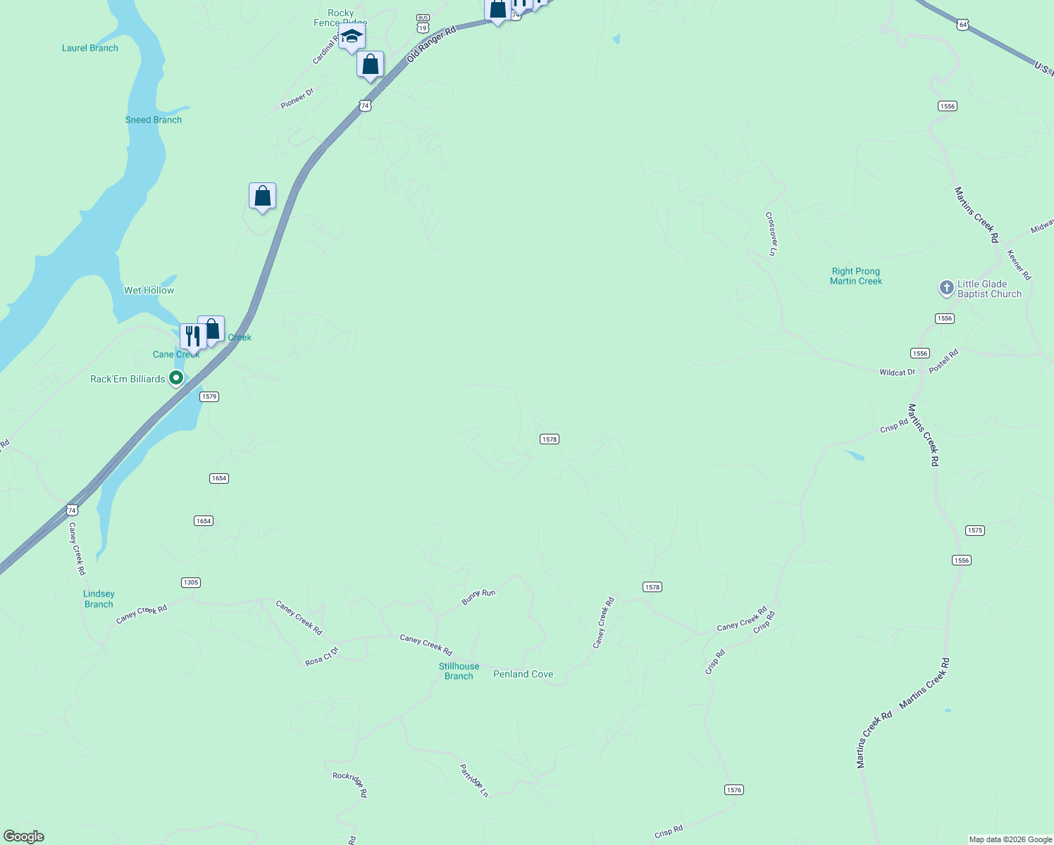 map of restaurants, bars, coffee shops, grocery stores, and more near 17 American Eagle Road in Murphy