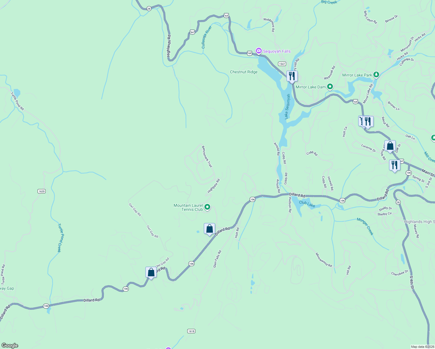map of restaurants, bars, coffee shops, grocery stores, and more near 973 Highgate Road in Highlands