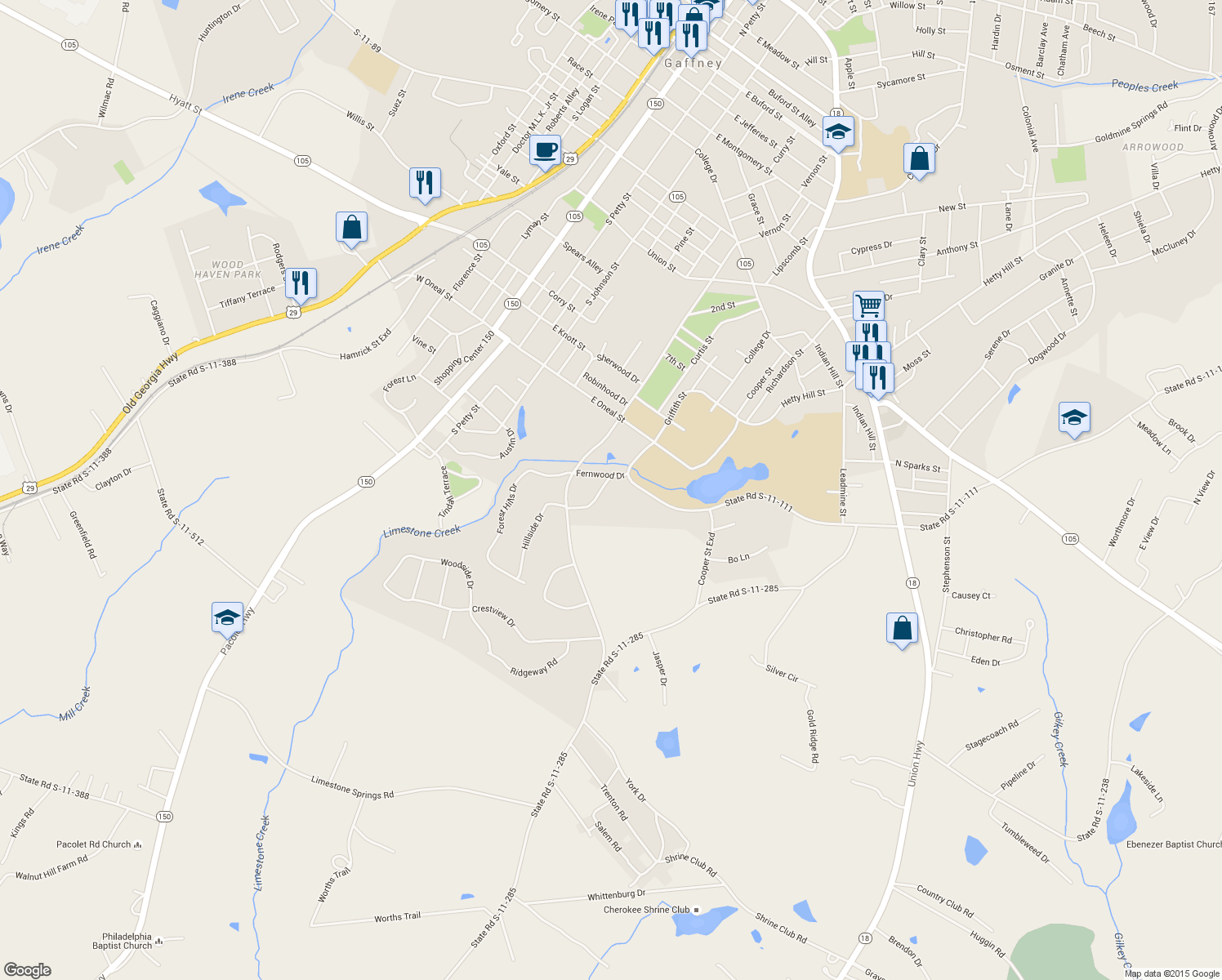 map of restaurants, bars, coffee shops, grocery stores, and more near 119 Fernwood Drive in Gaffney