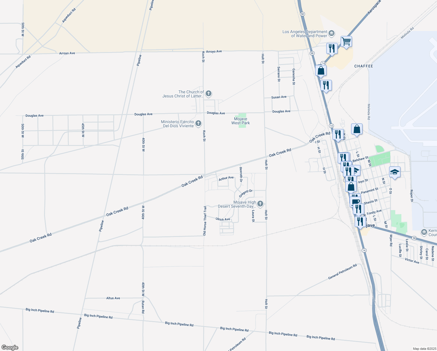 map of restaurants, bars, coffee shops, grocery stores, and more near 3371 Arthur Ave in Mojave