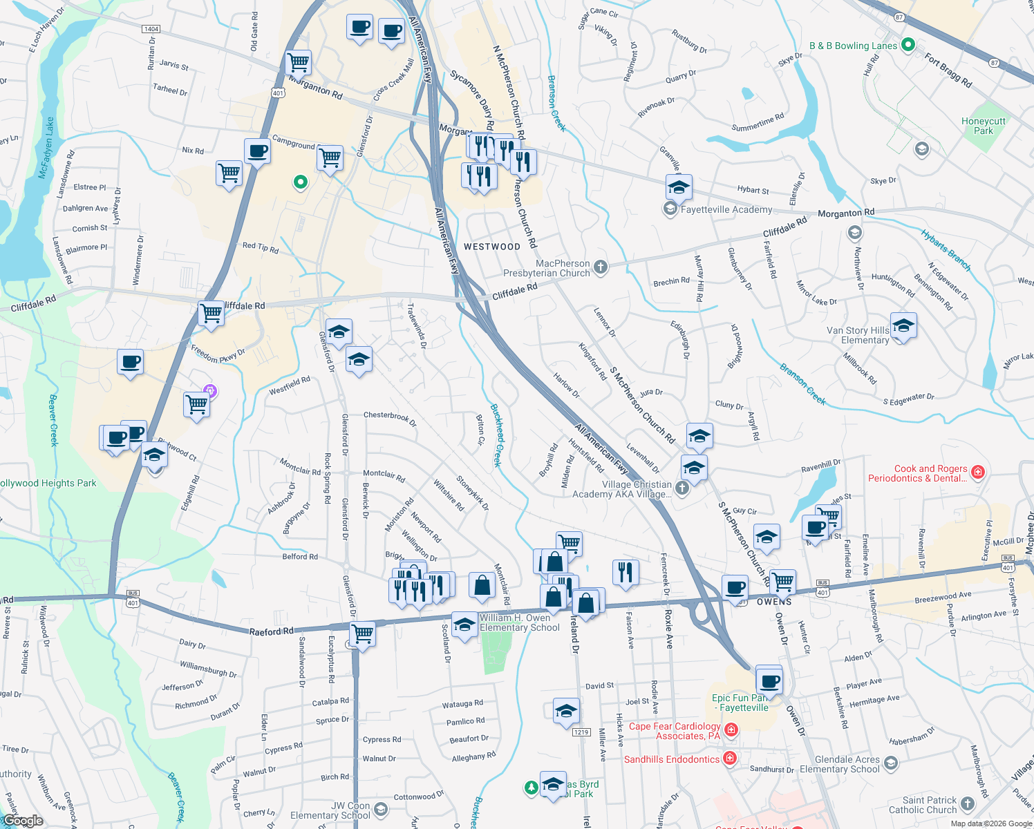map of restaurants, bars, coffee shops, grocery stores, and more near 4376 Ferncreek Drive in Fayetteville