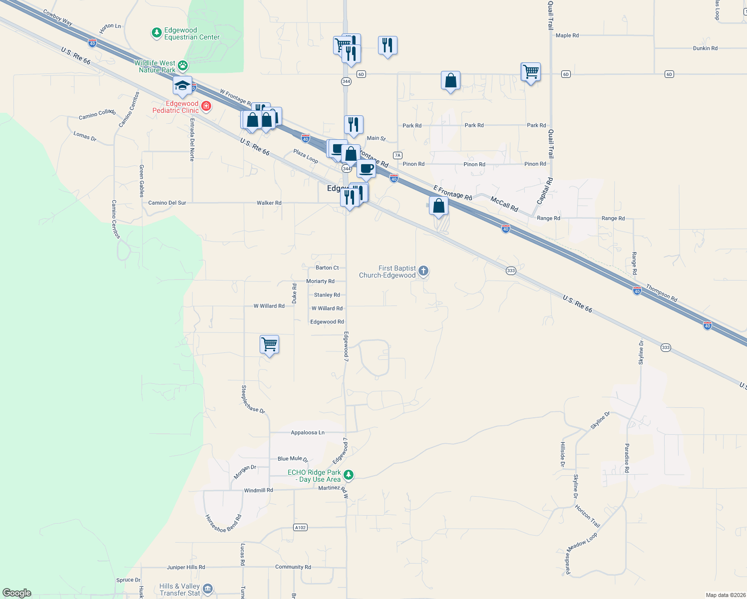 map of restaurants, bars, coffee shops, grocery stores, and more near 13 East Willard Road in Edgewood