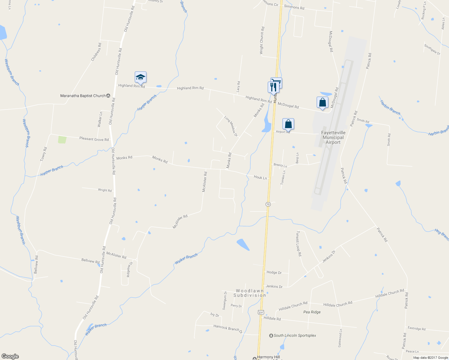 map of restaurants, bars, coffee shops, grocery stores, and more near 8 Fox Wood Drive in Fayetteville