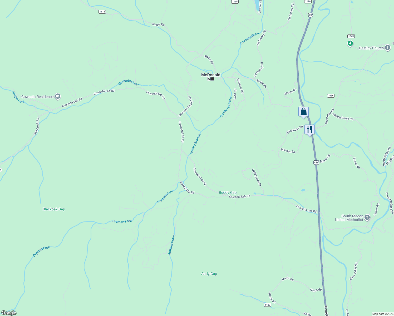 map of restaurants, bars, coffee shops, grocery stores, and more near 1361 Coweeta Lab Road in Otto