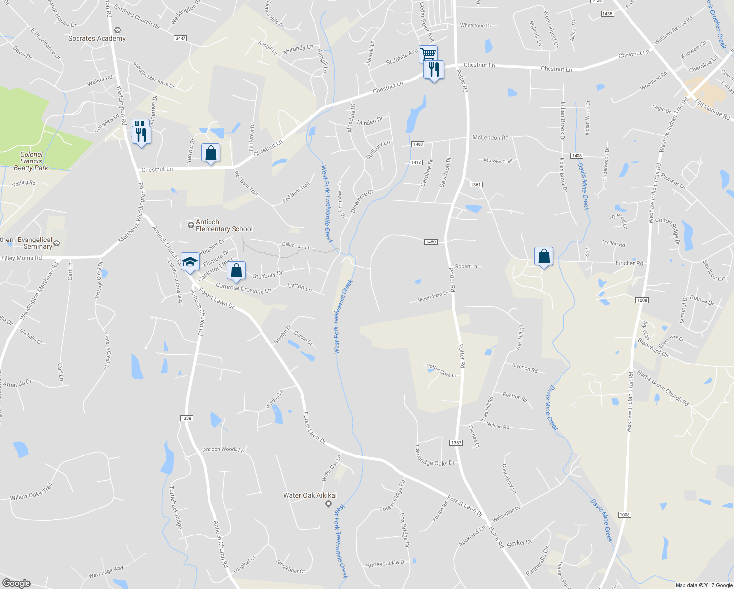 map of restaurants, bars, coffee shops, grocery stores, and more near 717 Raintree Drive in Matthews