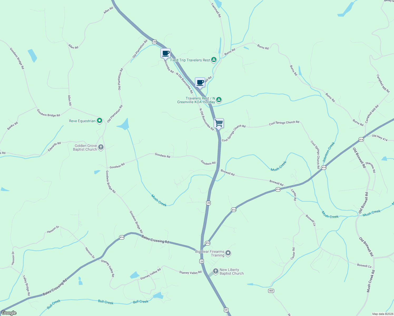 map of restaurants, bars, coffee shops, grocery stores, and more near 291 Goodwin Road in Travelers Rest