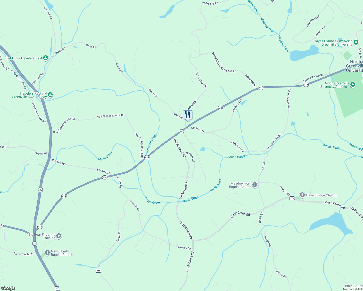 map of restaurants, bars, coffee shops, grocery stores, and more near 100 Ginners Hill Road in Travelers Rest