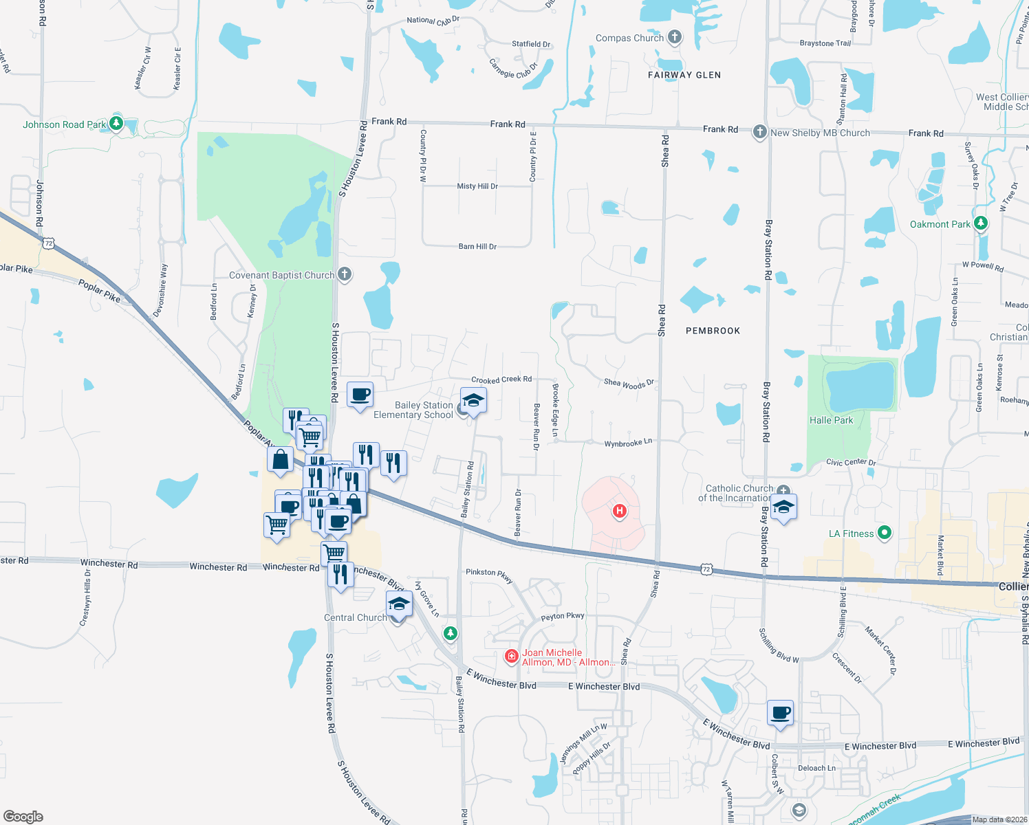 map of restaurants, bars, coffee shops, grocery stores, and more near 3447 Bent Creek Cove in Collierville