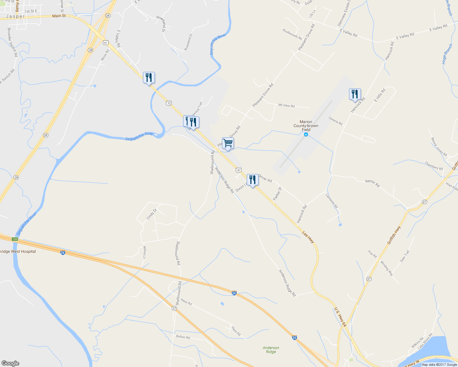 map of restaurants, bars, coffee shops, grocery stores, and more near 1294 Anderson Ridge Road in Jasper